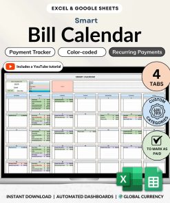 Bill Calendar 2025 2026 Bill Tracker Spreadsheet for Google Sheets and Excel Monthly Smart Bill Planner Editable Personal